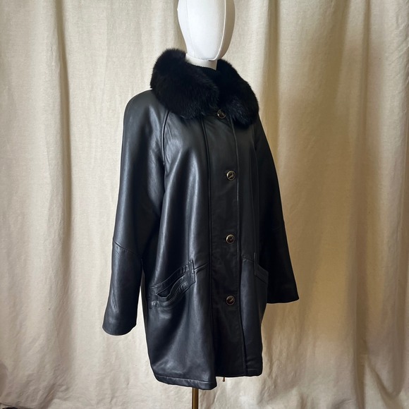Vintage Black Leather Coat Removable Fox Fur Collar LNR Nordstrom Size‎ Large - Picture 4 of 11